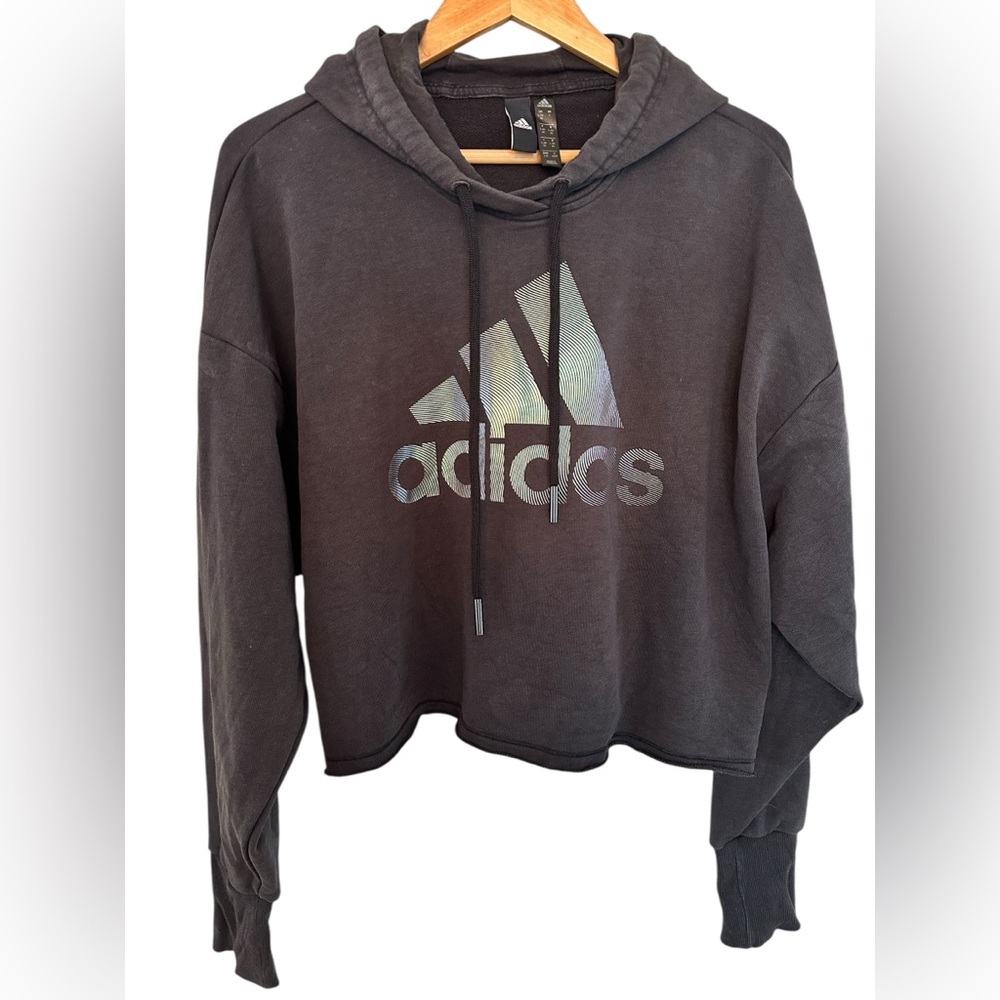 Adidas Black crop Hoodie with iridescent logo‎ women’s size L